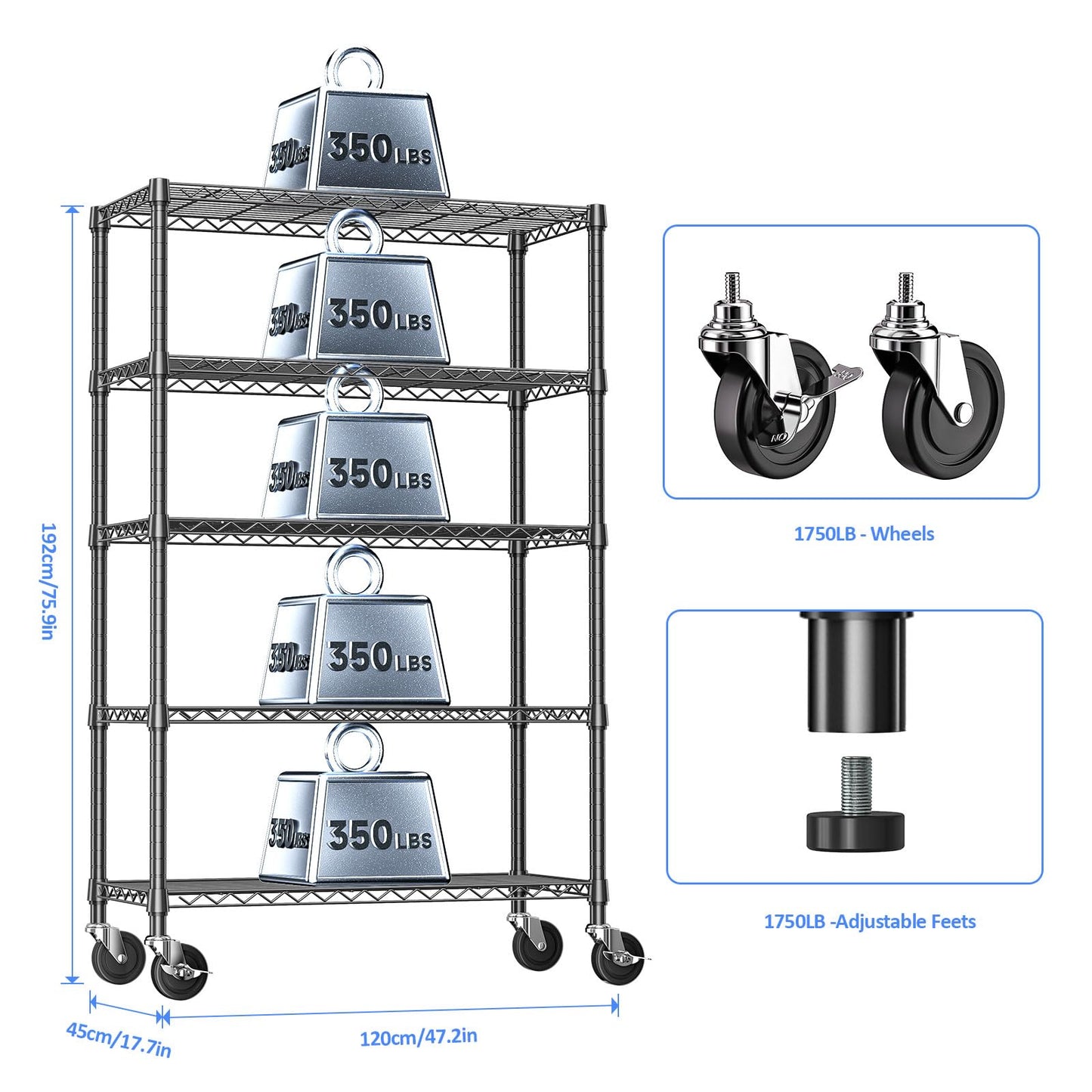 IZEUK 5-Tier Storage Shelving Unit with Wheels, Adjustable Heavy Duty Steel Wire Rack Organizer (Black, 17.7" D x 47.2" W x 76.7" H, 1750 lbs Capacity) for Garage, Kitchen, Office, Laundry, Basement
