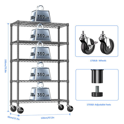 IZEUK 5-Tier Storage Shelving Unit with Wheels, Adjustable Heavy Duty Steel Wire Rack Organizer (Black, 17.7" D x 47.2" W x 76.7" H, 1750 lbs Capacity) for Garage, Kitchen, Office, Laundry, Basement