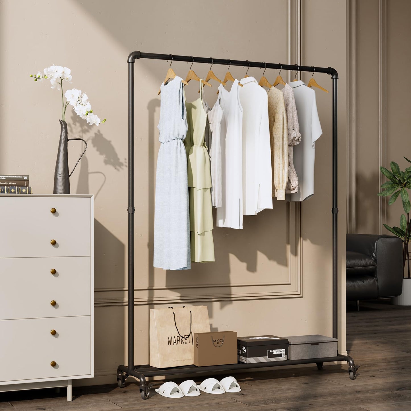 BUZUEY Industrial Pipe Clothing Rack with Wheels,Rolling Garment Rack with Bottom Shelf, Sturdy Metal Clothes Rack for Hanging Clothes Heavy Duty,Black Mobile Wardrobe Rack for Bedroom & Boutique