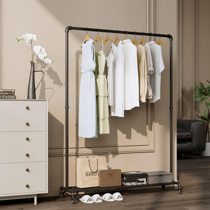BUZUEY Industrial Pipe Clothing Rack with Wheels,Rolling Garment Rack with Bottom Shelf, Sturdy Metal Clothes Rack for Hanging Clothes Heavy Duty,Black Mobile Wardrobe Rack for Bedroom & Boutique