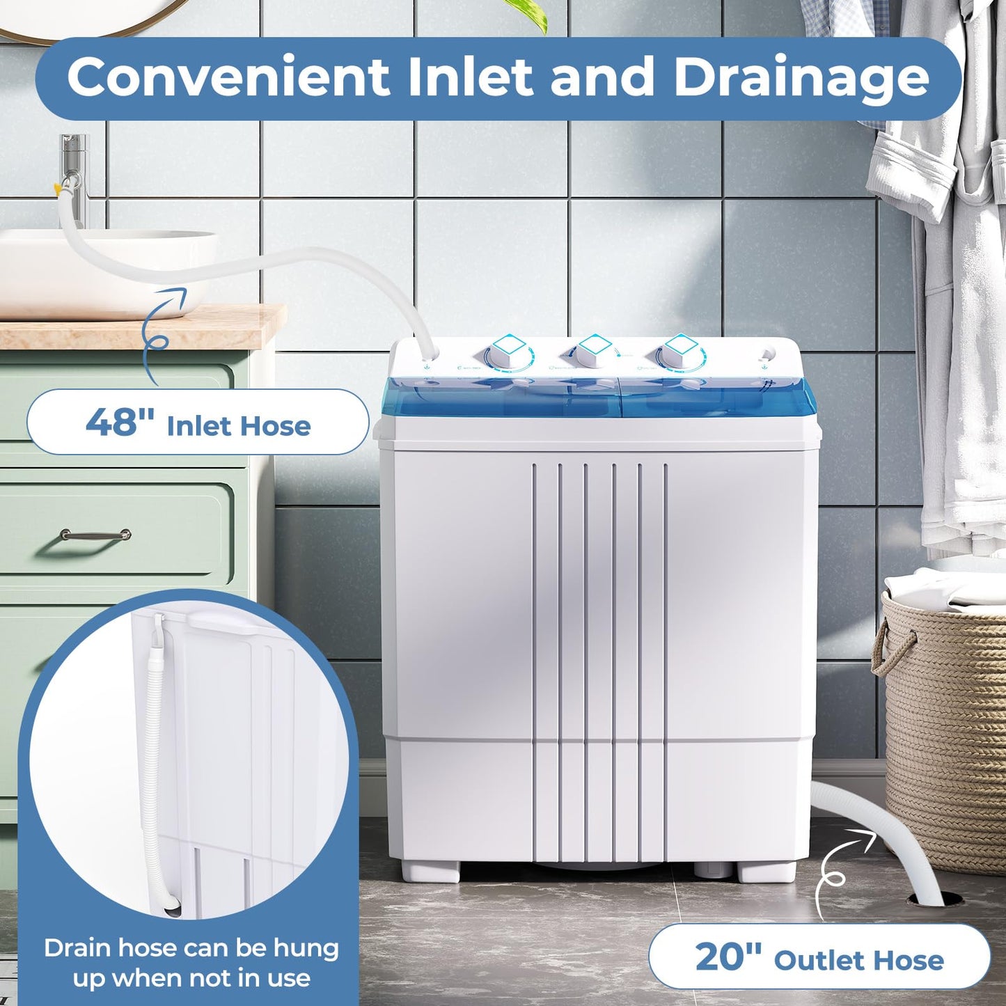 Giantex Washing Machine, 20Lbs Capacity, Washer and Spinner Combo, Portable Compact Twin Tub 12Lbs Washing and 8Lbs Spinning, Inlet and Drain Hose, Laundry Washer for Apartment RV Dorm