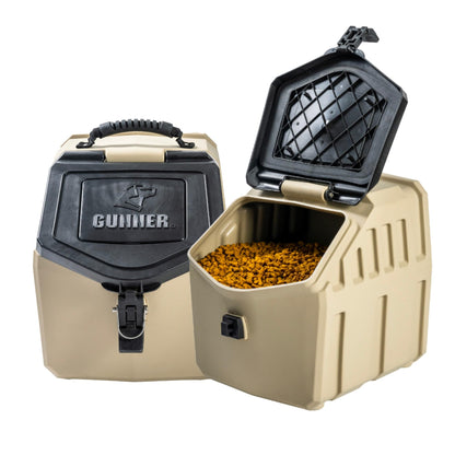 GUNNER 30 lbs Tan Dog Food Storage Container with Measuring Scoop – Waterproof & Airtight Pet Food Bin for Dry Food, Corn, Chicken Feed, Bird Seed & Treats – 3 Cup Ergonomic Scooper with Markers