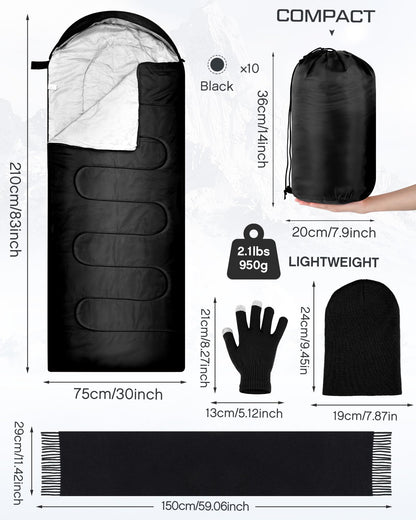Tranqun 40 Pcs Sleeping Bags for Adult Bulk with Winter Beanie Hat Touch Screen Gloves Scarves, Waterproof Cotton Liner Cold Weather Sleeping Bag for Homeless Camping Indoor Outdoor(Black)