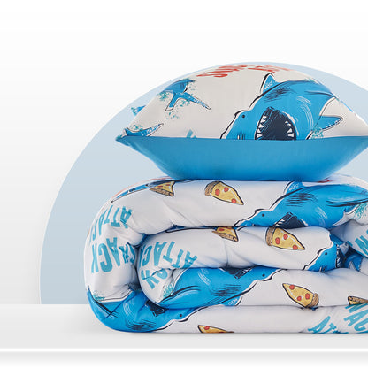 SLEEP ZONE Jersey Knit 2-Piece Twin Size Comforter Set, Blue Shark Design for Boys, Skin-Friendly and Breathable, Super Soft, Durable, Comfortable Kids Bedding Set（Sharks, Twin）