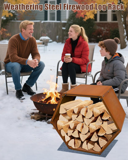 RUIJIU Firewood Log Rack Heavy-Duty, Corten Steel Firewood Rack with Hexagon Design, Fire Log Stacker for Wood Storage, Wood Holder for Outdoor Indoor