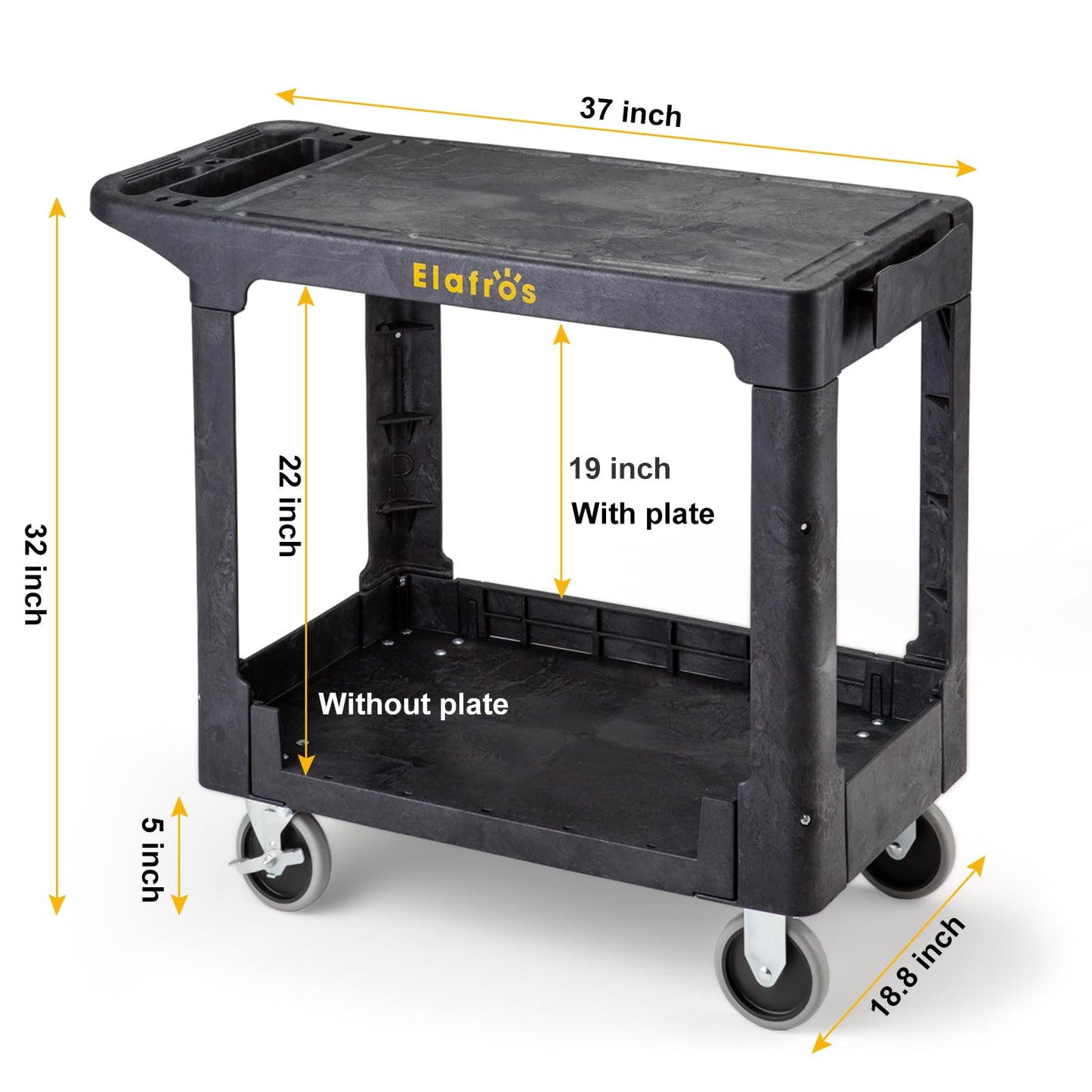 ELAFROS Heavy Duty Plastic Utility Cart Flat top 37 x 18.8 Inch - Work Cart Flat Shelves and 2 Fixed 2 Swivel Wheels Safely Holds up to 550 lbs - 2 Tier Service Cart for Warehouse,Garage, Black