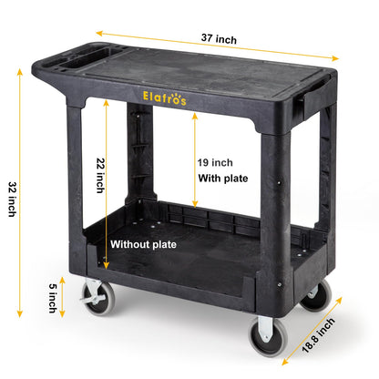 ELAFROS Heavy Duty Plastic Utility Cart Flat top 37 x 18.8 Inch - Work Cart Flat Shelves and 2 Fixed 2 Swivel Wheels Safely Holds up to 550 lbs - 2 Tier Service Cart for Warehouse,Garage, Black