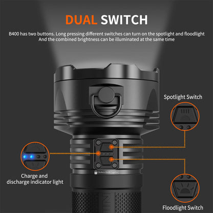NIERON B400-B Super Bright 16000 Lumens Flashlight, Rechargeable Dual Switch Spotlight & Floodlight, 880m Beam Distance, 210H Runtime, IPX8 Waterproof, Tactical Flashlight for Camping Hiking Emergency