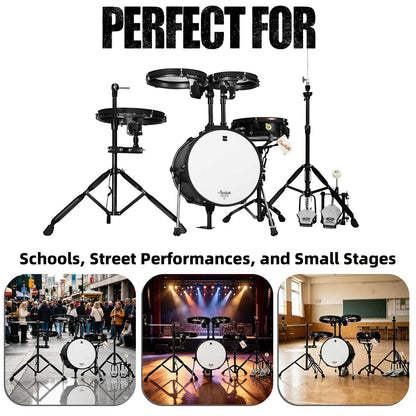 Beatello Jungle Pad Compact Portable Adult 5pc Drum Set, 1.5 inches ultra-thin steel drum Cavity,14 Inches Complete Full Size Kit with Bass, Toms, Snare, Floor,Stands, Hi-Hat Pedal,Drum Pedal,Black
