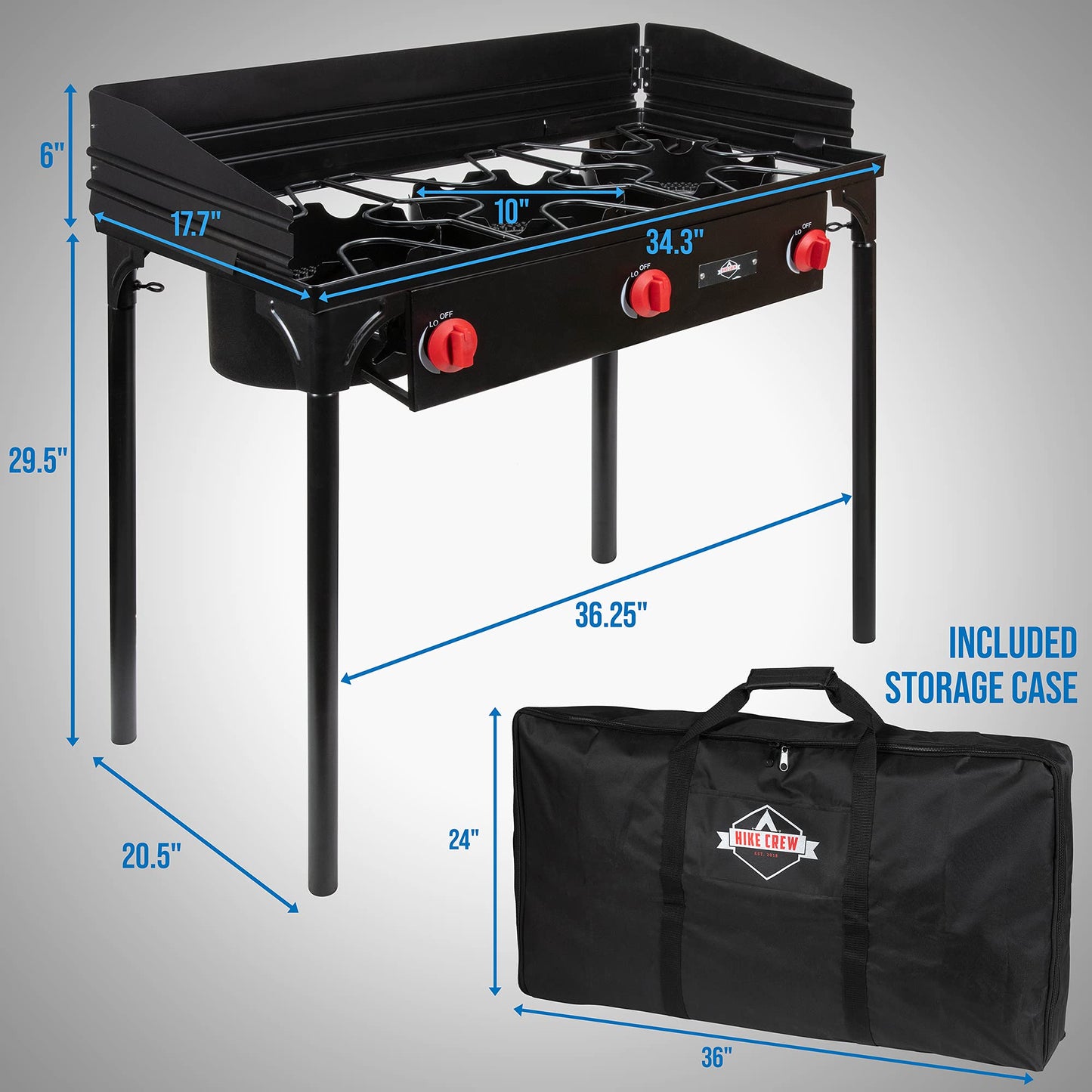 Hike Crew Cast Iron 3-Burner Outdoor Gas Stove | 225,000 BTU Portable Propane Cooktop w/Blue Flame Control, Removable Legs, Temperature Control Knobs, Wind Panel, Hose, Regulator & Storage Carry Case