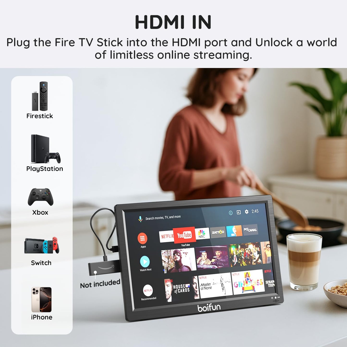 Boifun 15.6" Portable TV with Antenna, DVD Player Built-in, FM Radio, 5000mAh Battery, Support HDMI Input/USB/TF/AV Out and Multiple Disc Formats, Small TV DVD Combo for Camping Patio RV Kitchen,Black