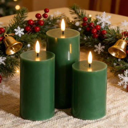 Eywamage Green Flameless Pillar Candles with Remote, Flickering Battery Operated LED Wax Candles Set of 3