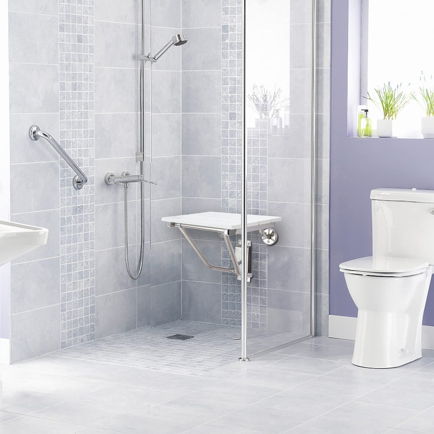 Folding Shower Seat and Bench Wall Mounted, Shower Chair Foldable, Shower Stool Collapsible for Inside Shower Bathroom Bathtub Small Space, 350lb Capacity, Plastic Wood