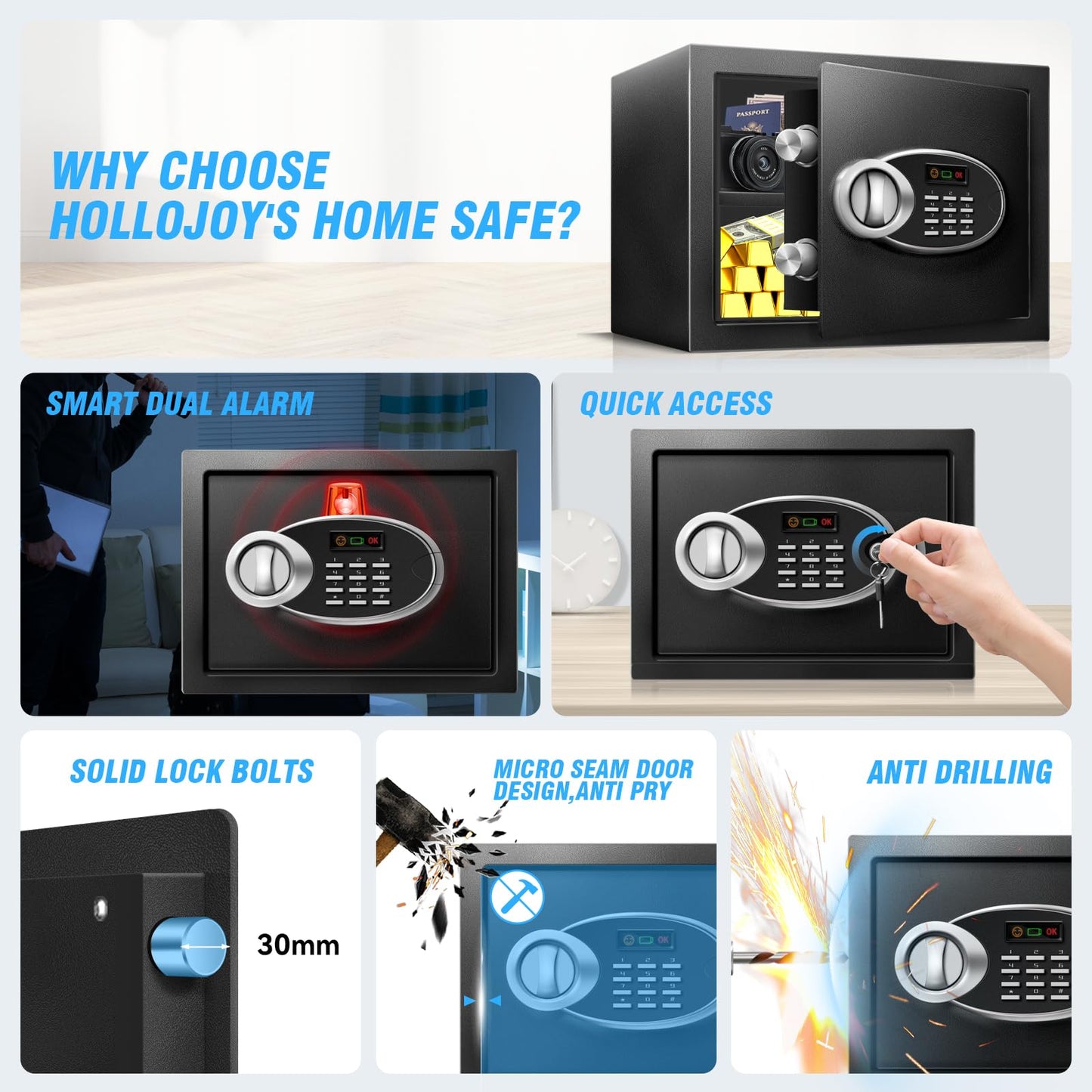 11.81" Tall Safe Box with Fireproof Waterproof for Documents - Steel Security Personal Safe with Digital Electronic Keypad, Emergency Battery Box & Combination Lock, Safety Box for Valuables Money