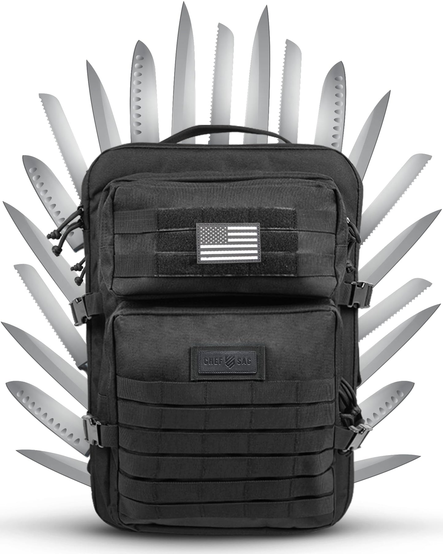 Chef Knife Bag Tactical Backpack XL, 30+ Pocket Knife Carrying Case for Chefs and Culinary Tools, Patented Retention Panels with Hook-and-Loop System, YKK Zippers, Fits 12in Knives