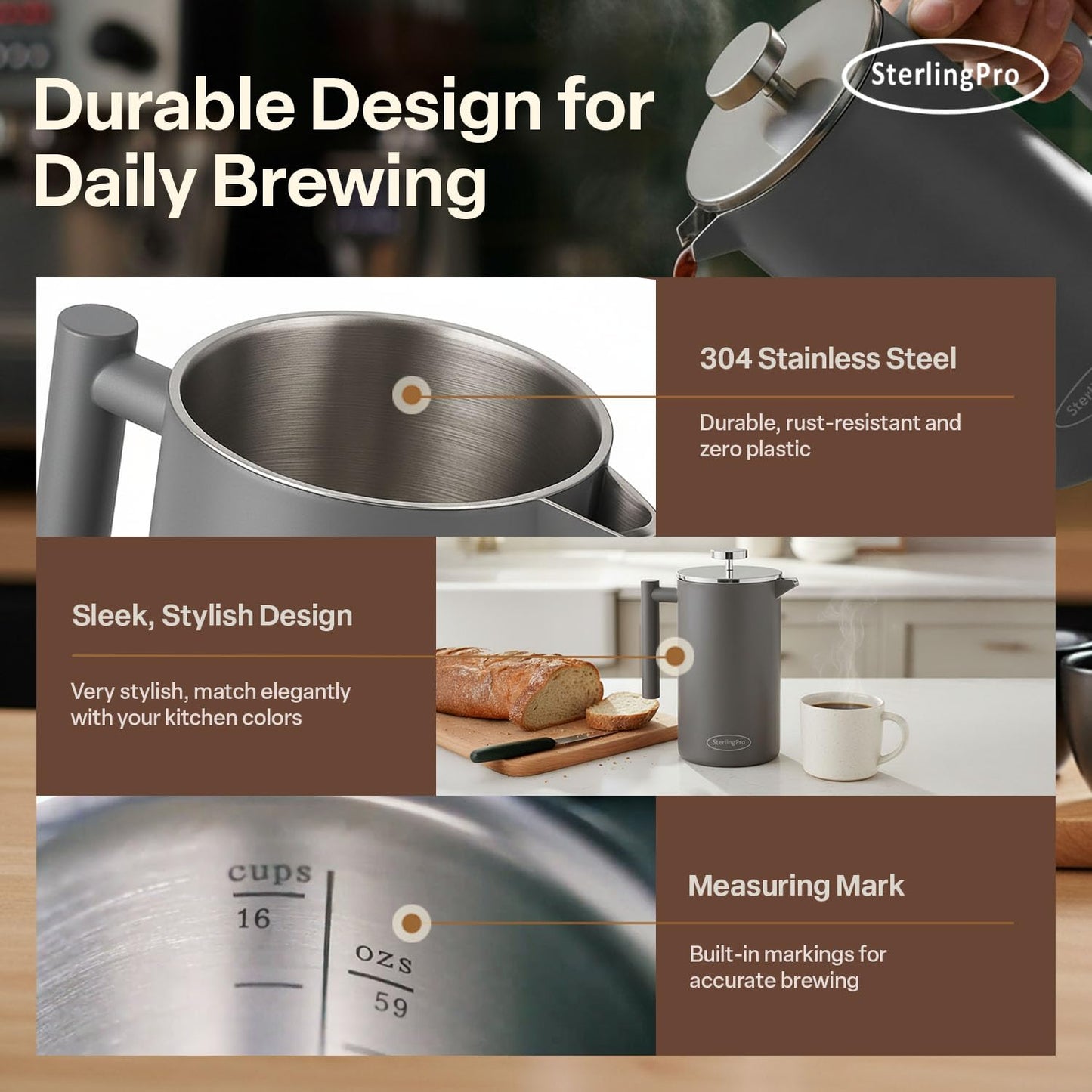 SterlingPro Stainless Steel French Press Coffee Maker 1.75 L (59 oz) Grey – Double Walled Insulated Extra Large French Press, Durable Design Keeps Drinks Hot, Easy to Use and Clean for Rich Flavor