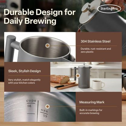 SterlingPro Stainless Steel French Press Coffee Maker 1.75 L (59 oz) Grey – Double Walled Insulated Extra Large French Press, Durable Design Keeps Drinks Hot, Easy to Use and Clean for Rich Flavor