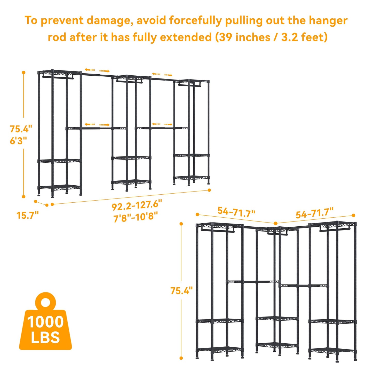 Higeego H11 Large Clothing Rack for Hanging Clothes Heavy Duty Garment Rack, Freestanding Wardrobe Closet Organizer and Storage with Expandable Hanger Rods, Extendable from 7.8 to 10.8 ft, Black