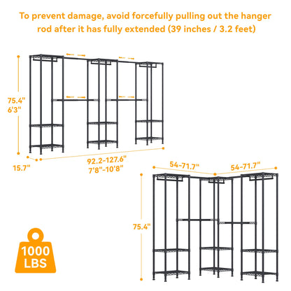 Higeego H11 Large Clothing Rack for Hanging Clothes Heavy Duty Garment Rack, Freestanding Wardrobe Closet Organizer and Storage with Expandable Hanger Rods, Extendable from 7.8 to 10.8 ft, Black