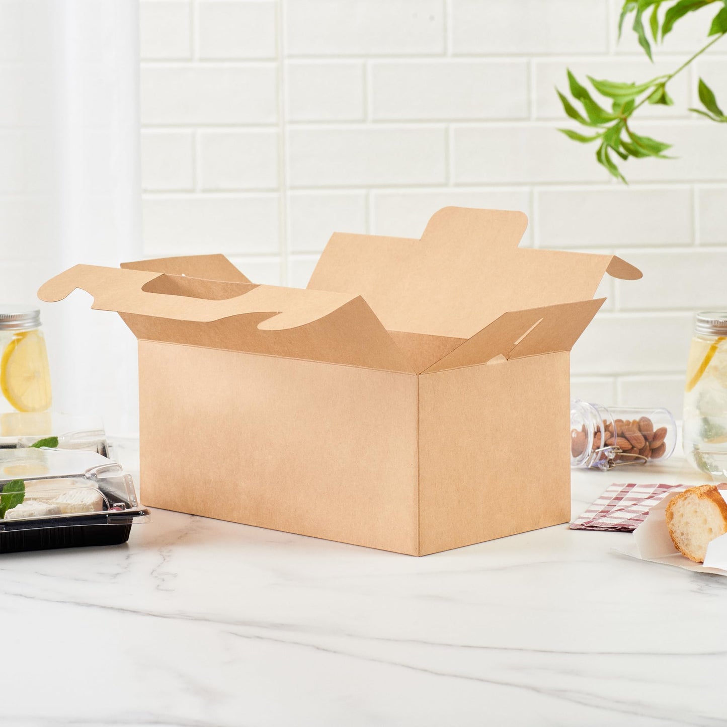 Restaurantware-Bio Tek 10.2 x 5.9 x 6.9 Inch Treat Boxes With Handles, 100 Rectangle Gable Boxes - With Secure Tab, Grease-Resistant, Kraft Paper Cardboard Boxes, Recyclable