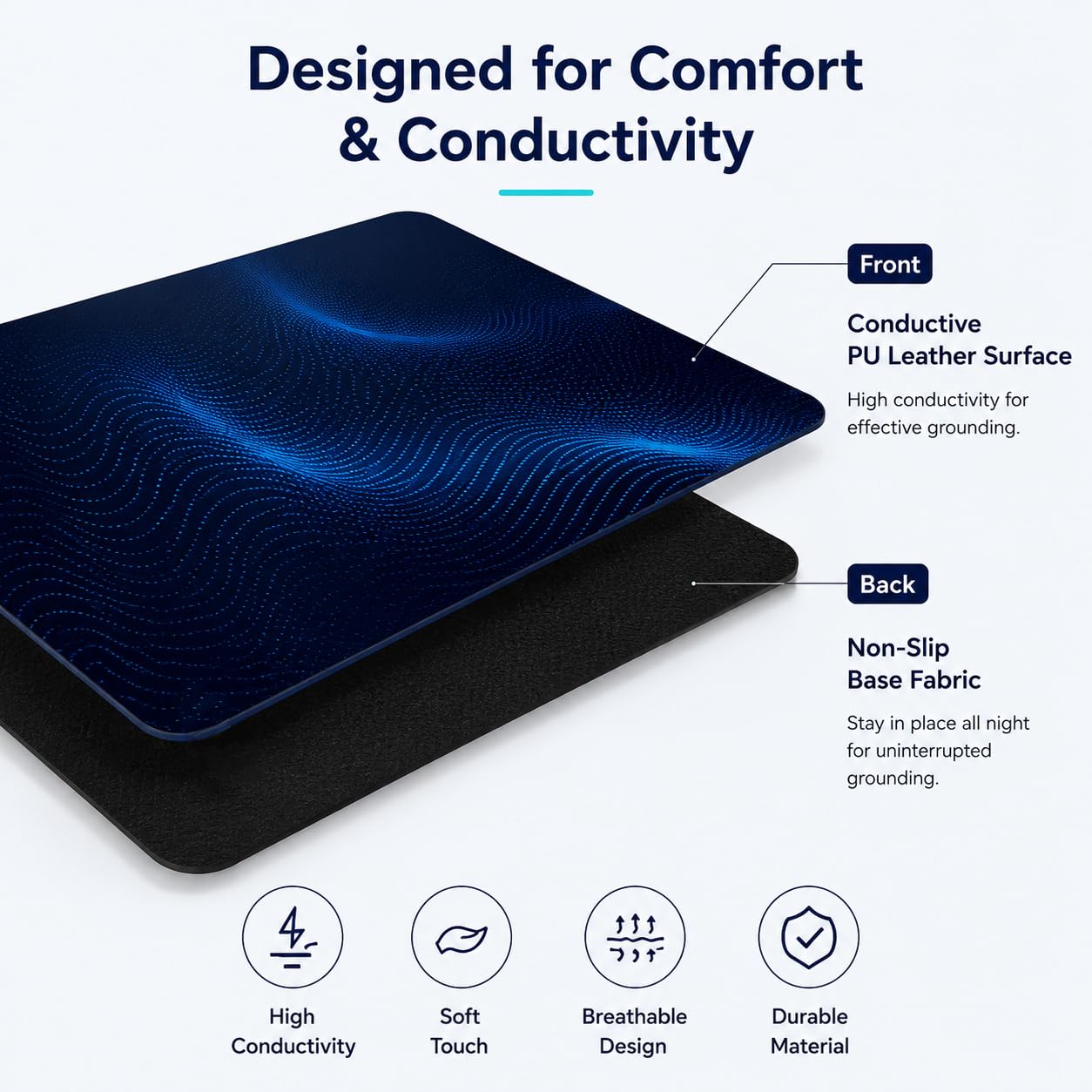 Grounding Mat for Bed, Conductive Earthing Mat Bed for Improve Sleep, Relieve Stress, Premium PU Leather Anti-Slip Grounding Pad with Grounding Cord, 27" * 60", Black, Fits Full Size Bed