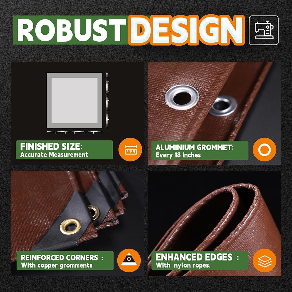 RAINDEWAY 15x30 Feet Super Heavy Duty 18 Mil Brown Poly Tarp Cover, UV Resistant, Weatherproof, Multipurpose Waterproof Poly Tarp with Grommets and Reinforced Edges