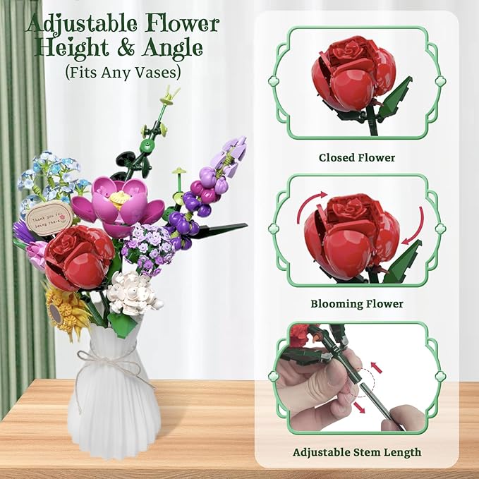 Flower Bouquet Building Toys for KidsBotanical Collection with 10 Unique Blooms DIY Artificial Flowers Building Blocks SetGifts for Valentine's DayHome &amp Office DécorAges 6+