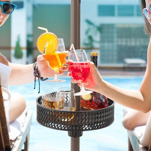 JEAREY 13” Patio Umbrella Table Tray - Portable Round Design with Umbrella Hole for Beach & Garden, Black