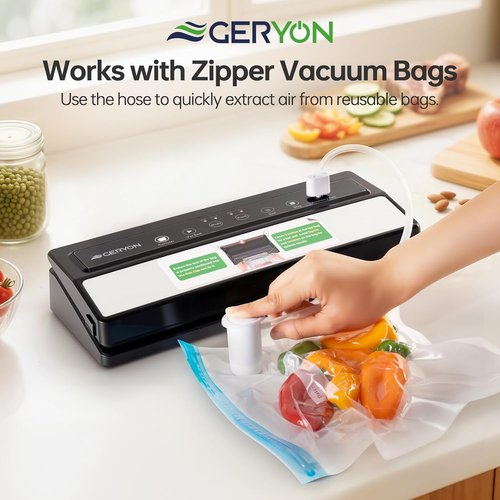 GERYON Vacuum Sealer Machine - Automatic Food Sealer for Dry & Moist Foods, Compact Design with LED Touch Panel, Includes Zipper Bags & Roll (Silver)
