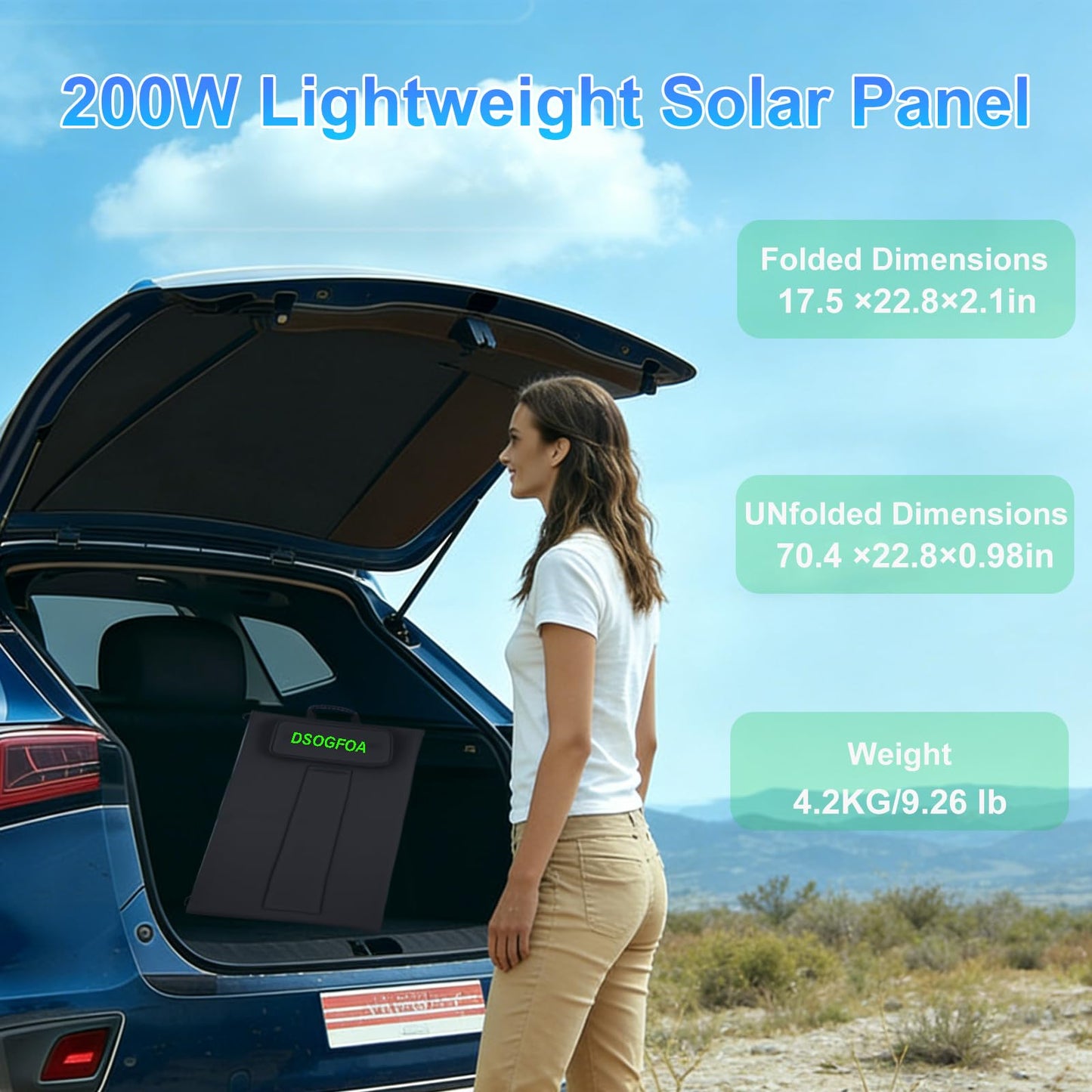 DSOGFOA 200W Solar Panel, Lightweight Portable Solar Charger, HPBC 25% High-Efficiency for Camping, Hiking, RV, Boats, with USB-A & USB-C Ports, Four-Fold Design