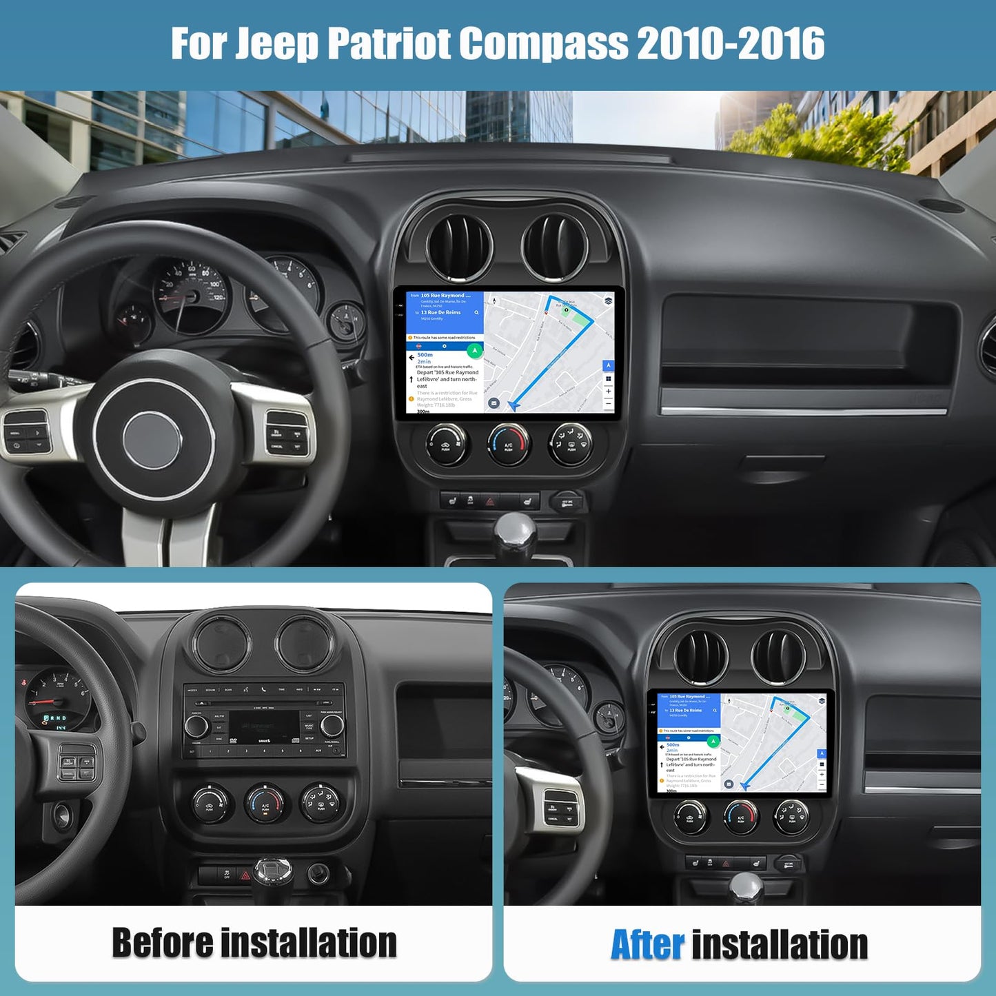 4+128G Android 15 Car Stereo for Jeep Compass Patriot 2010-2016 with Wireless Carplay Android Auto, 10.1 inch 1280 * 720P IPS Touchscreen Bluetooth Car Radio Support GPS WiFi AHD Rear Camera