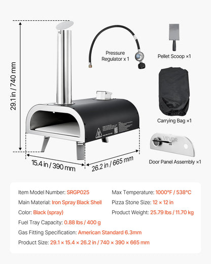 VEVOR Dual Fuel Pizza Oven Outdoor, 12 in Wood Fire & Propane Gas Pizza Ovens, Portable Pellet & Propane Pizza-Maker with Thermometer, Multi Fuel Pizza-Cook for Outside Patio Camping & Backyard