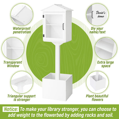 Wonderjune Little Library Box Outdoor with Floor Plugs & Flower Fence, Durable Weatherproof Solid Wood Book Exchange Box for Community, Literature, School Sharing Book(White,Steepletop)
