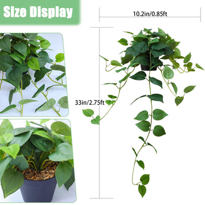 HIFORESTAR Fake Pothos Hanging Plants, 33" Potted Artificial Hanging Plant, Faux Pothos Silk Vines Hanging Plant Greenery for Home Living Room Indoor Decor