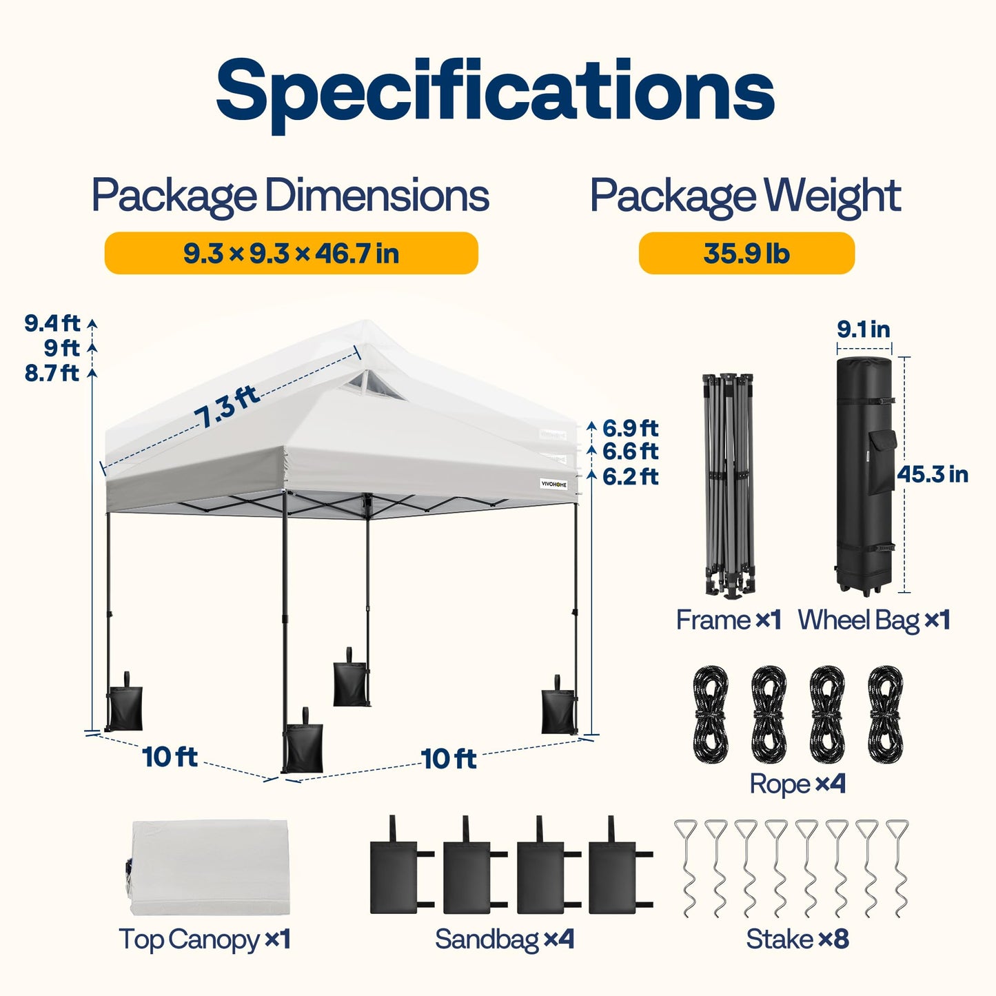 VIVOHOME 10x10ft Pop Up Canopy Tent One Push Setup Outdoor Portable Shelter Tent Heavy Duty with Wheel Carry Bag and 4 Sandbags, White