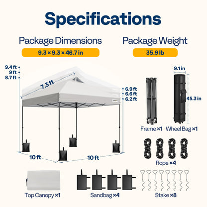 VIVOHOME 10x10ft Pop Up Canopy Tent One Push Setup Outdoor Portable Shelter Tent Heavy Duty with Wheel Carry Bag and 4 Sandbags, White