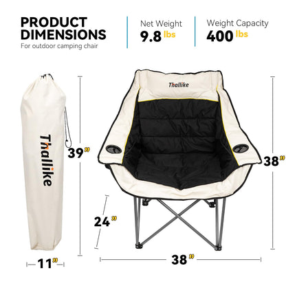 Oversized Camping Chair, Portable Folding Padded Camping Chairs with Cup Holder and Carry Bag, Heavy Duty Outdoor Camping Chairs for Adults, Up to 400Lb, for Fishing (Black-2 Pack)