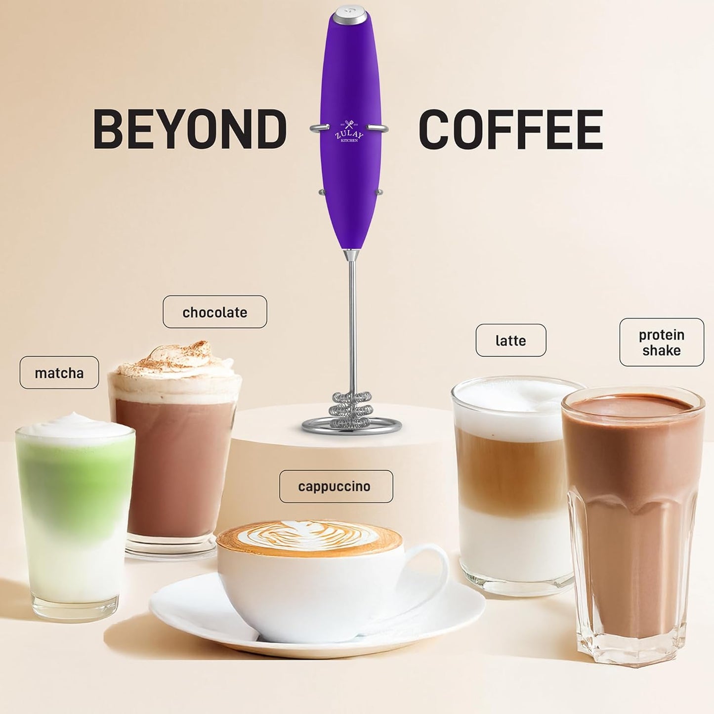 Zulay Kitchen Tornado Triple Whisk Milk Frother - Handheld Foam Maker for Coffee & Lattes | Includes 4 Duracell Batteries - Purple