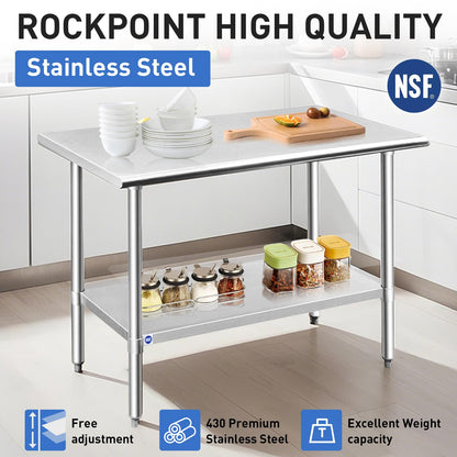 ROCKPOINT Stainless Steel Table for Prep & Work 24x48 Inches, NSF Metal Commercial Kitchen Heavy Duty Table with Adjustable Under Shelf and Table Foot for Restaurant, Home and Hotel