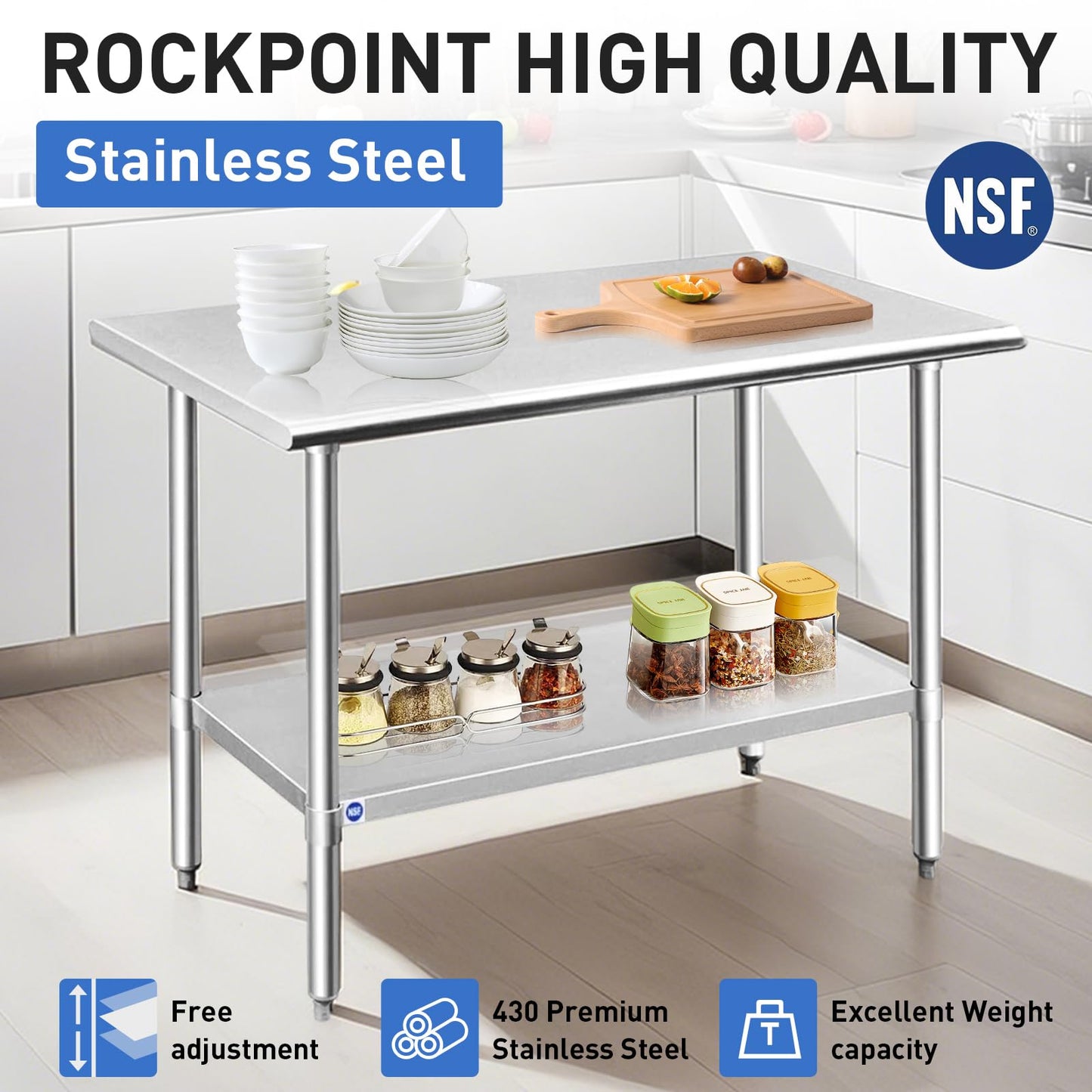 ROCKPOINT Stainless Steel Table for Prep & Work 18x30 Inches, NSF Metal Commercial Kitchen Heavy Duty Table with Adjustable Under Shelf and Table Foot for Restaurant, Home and Hotel
