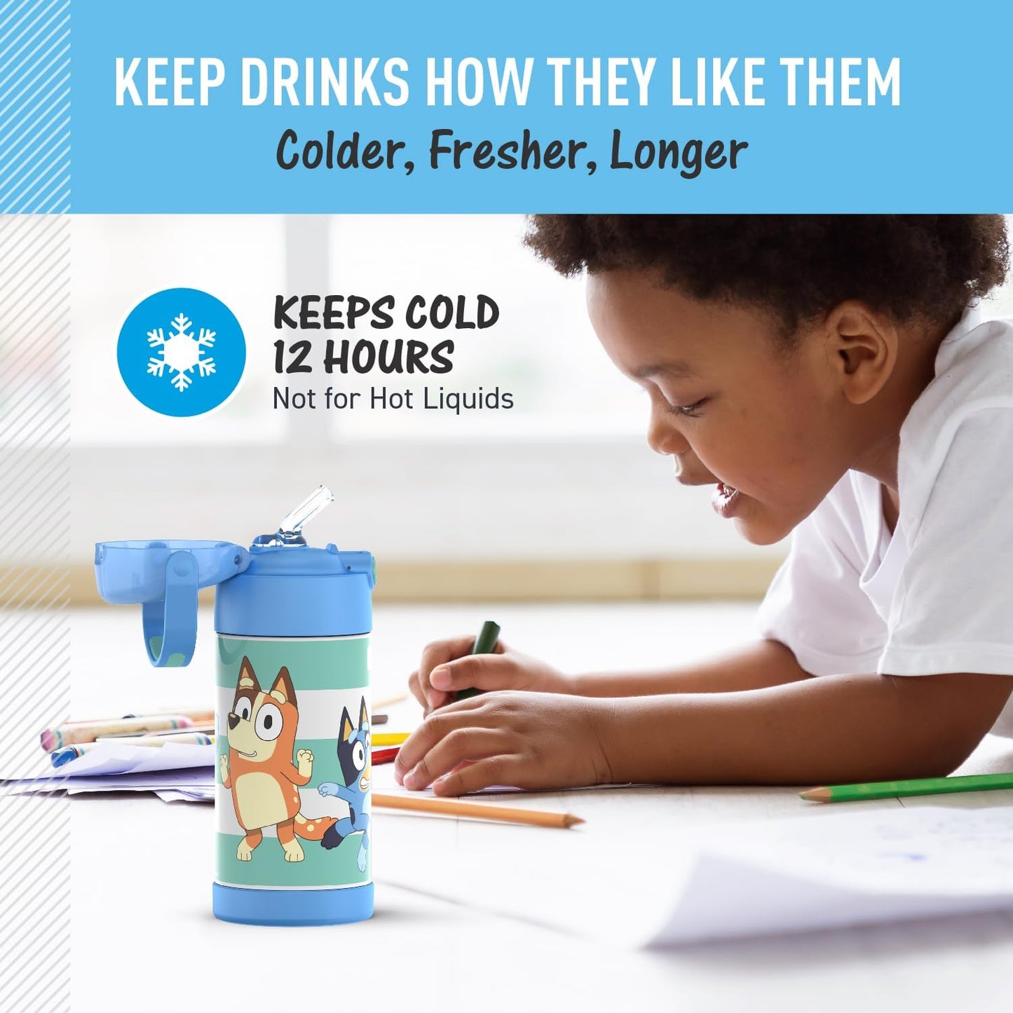 THERMOS FUNTAINER Water Bottle - 12 Ounce Stainless Steel Insulated Kids Bottle - Bluey Design