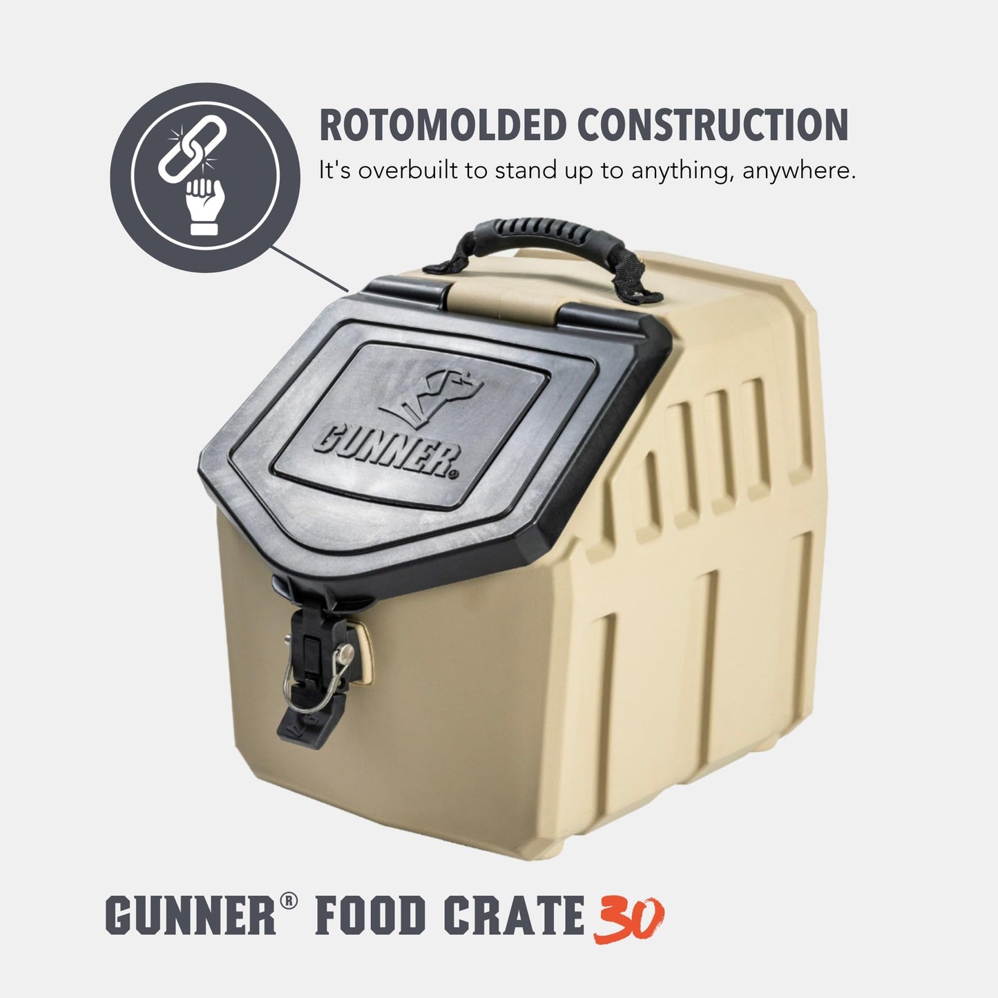 GUNNER 30 lbs Tan Dog Food Storage Container with Measuring Scoop – Waterproof & Airtight Pet Food Bin for Dry Food, Corn, Chicken Feed, Bird Seed & Treats – 3 Cup Ergonomic Scooper with Markers
