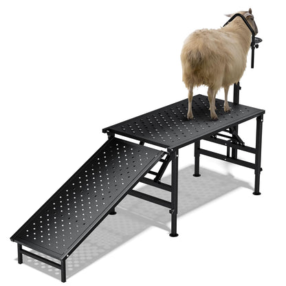 Professional Goat Milking Stand with Ramp, 600LBS Heavy Duty Foldable Livestock Trimming Platform, Metal Grooming Stand with Adjustable Headpiece & Stainless Steel Feeder for Nubian & Dwarf Goats