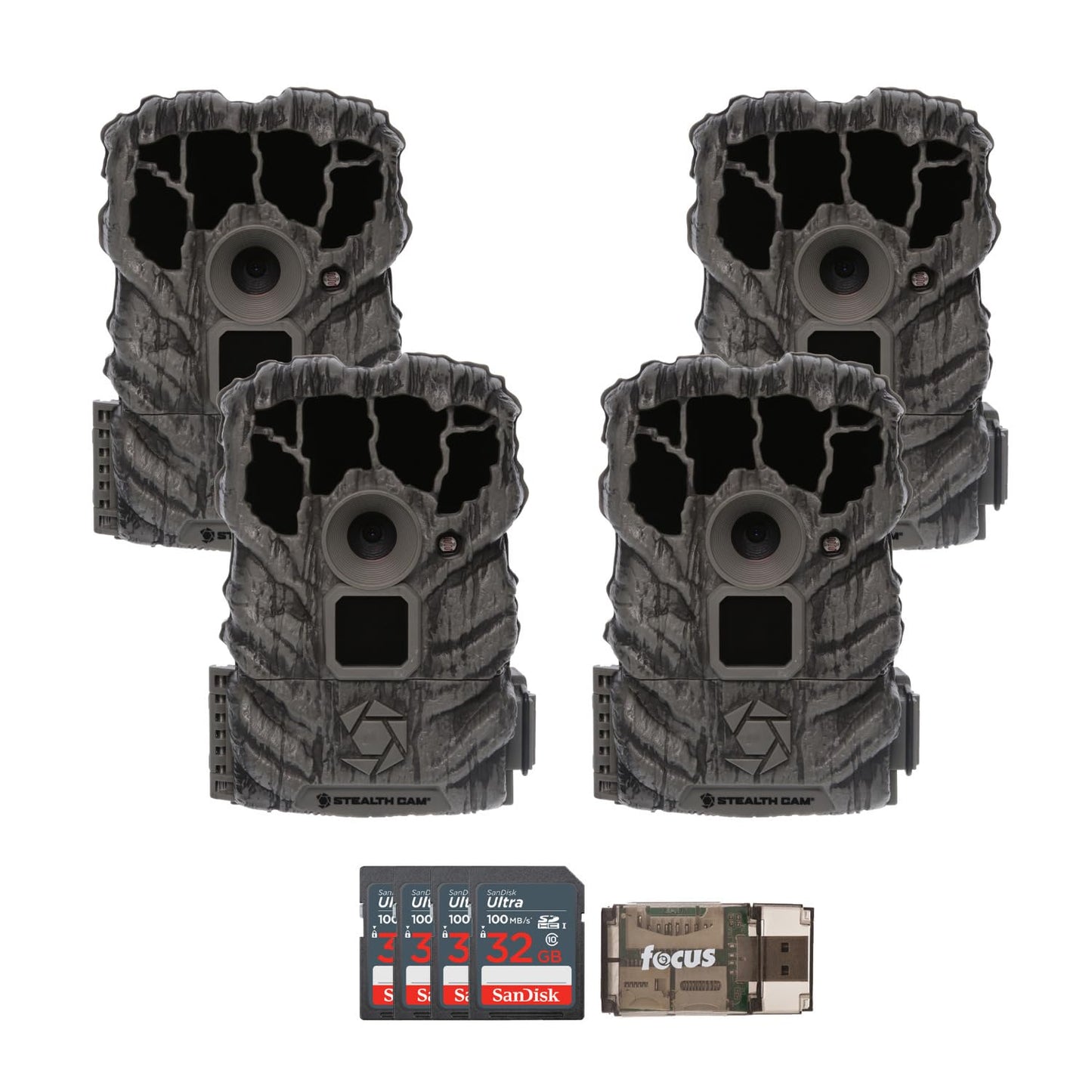 Stealth Cam Browtine 14MP Trail Camera (4-Pack) Bundle with 32GB Memory Card (4-Pack) and Card Reader (9 Items)