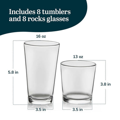Libbey Flare Rocks, Glass Tumbler Set, Stylish Lead-Free Drinking Glasses Set of 16, Dishwasher-Safe Glass Cups Set for Daily Use and Parties