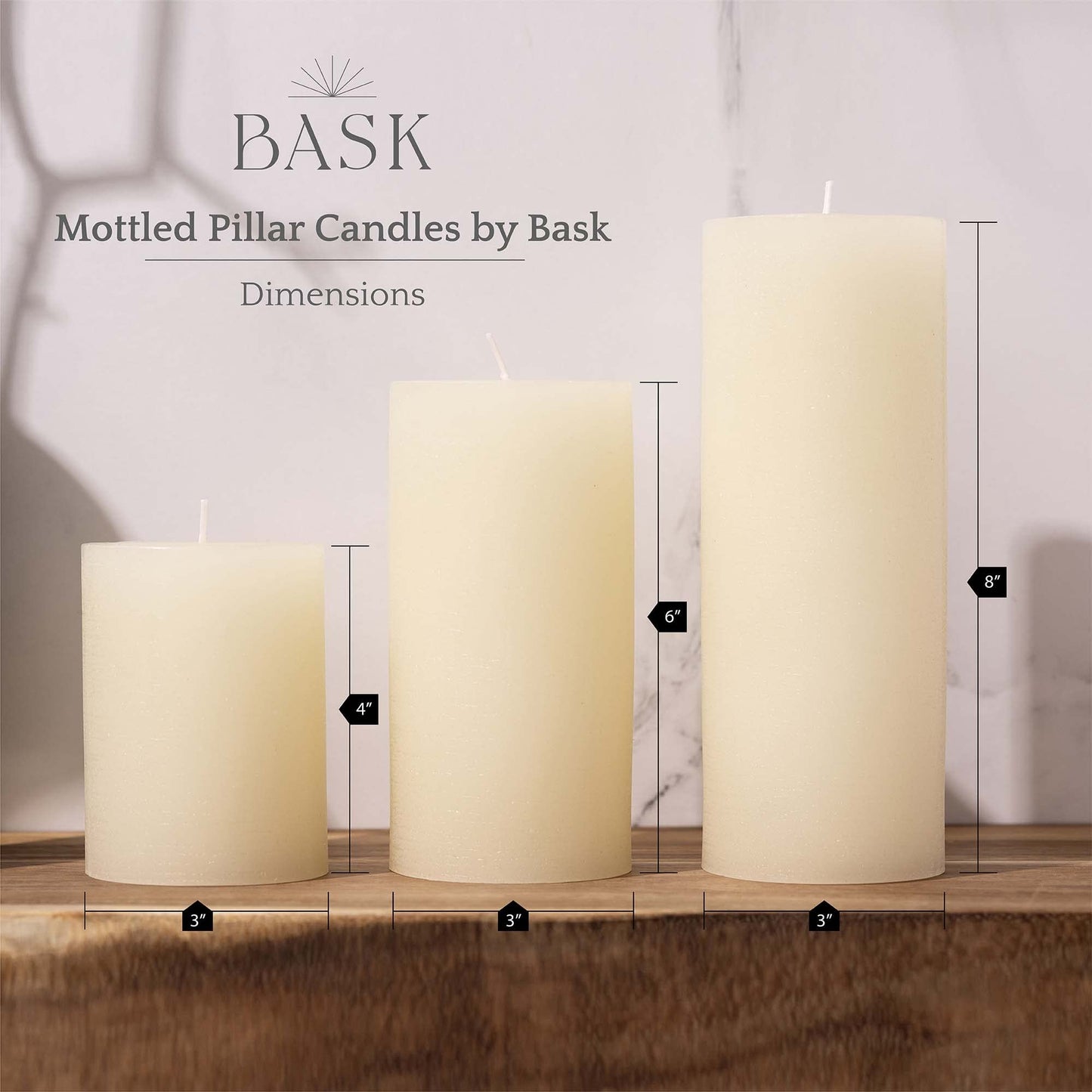 BASK Mottled Pillar Candles - Unscented Ivory Pillar Candles Set of 3 - Dripless, Smokeless for All Occasions