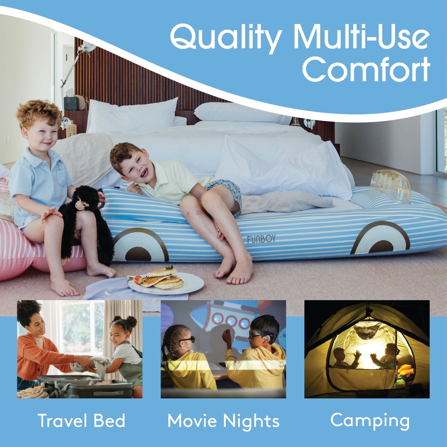 FUNBOY Kids Blue Inflatable Travel Bed & Mattress. Perfect for Sleepovers. Includes Carrying Case Storage Bag, Twin (Pack of 4)