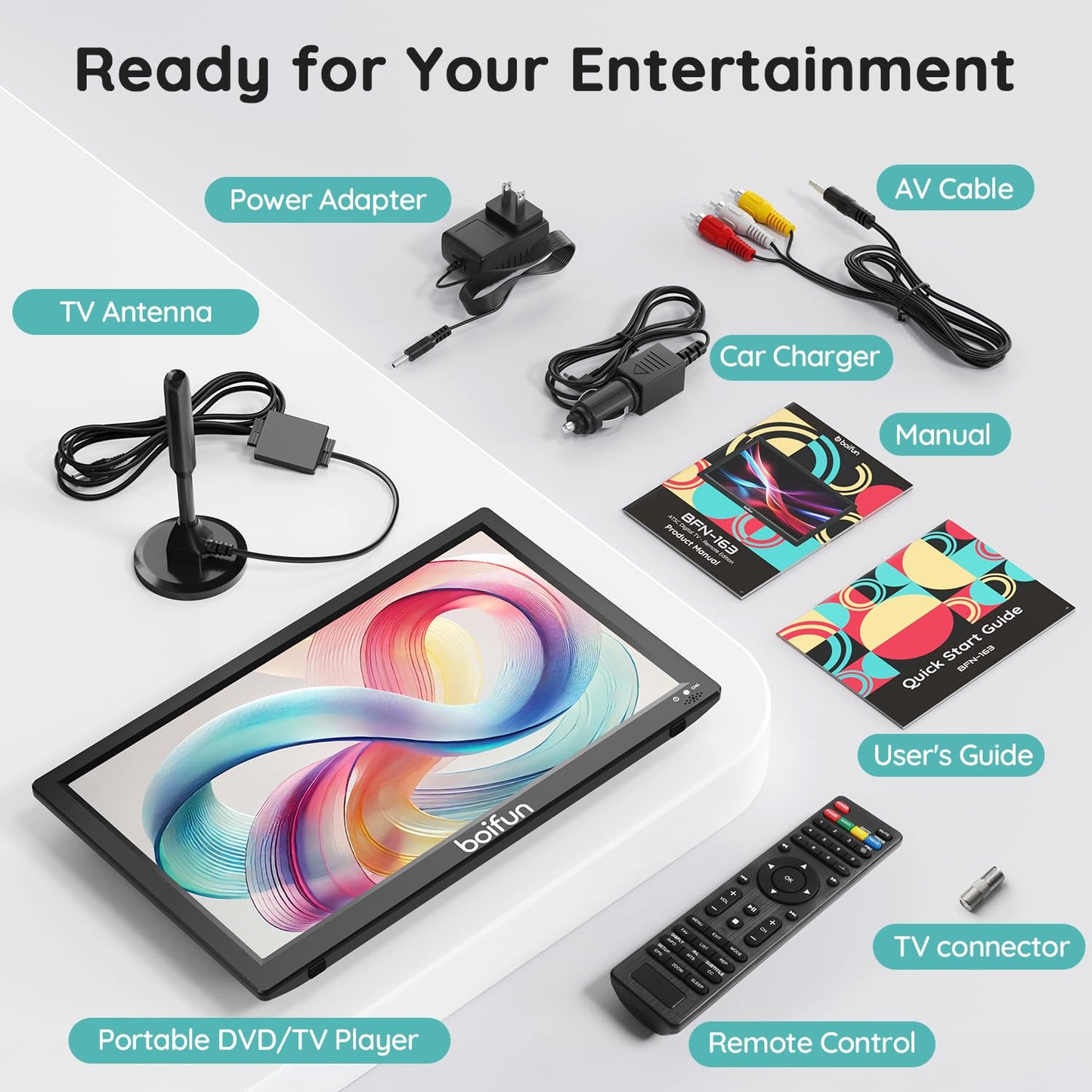 Boifun 15.6" Portable TV with Antenna, DVD Player Built-in, FM Radio, 5000mAh Battery, Support HDMI Input/USB/TF/AV Out and Multiple Disc Formats, Small TV DVD Combo for Camping Patio RV Kitchen,Black