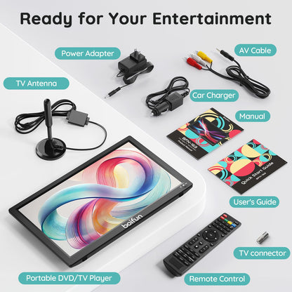 Boifun 15.6" Portable TV with Antenna, DVD Player Built-in, FM Radio, 5000mAh Battery, Support HDMI Input/USB/TF/AV Out and Multiple Disc Formats, Small TV DVD Combo for Camping Patio RV Kitchen,Black