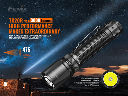 Fenix TK20R v2.0 Rechargeable Tactical Flashlight, 3000 Lumen Long Throw USB-C Tac Light, with LumenTac Organizer